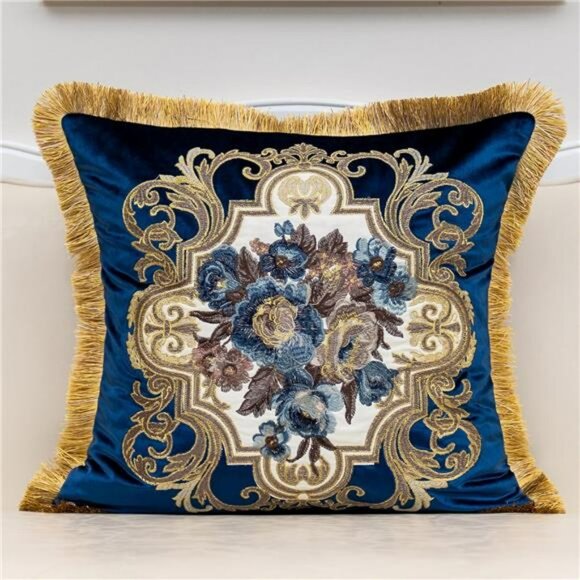 Navy Blue Velvet Floral Throw Pillow Cover 18x18 Embroidered Decorative Cushion - Picture 1 of 8